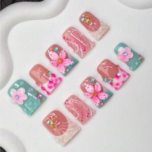 Bloom Tide Floral 3D Pink & Teal Press-On Nail Set Spring Summer